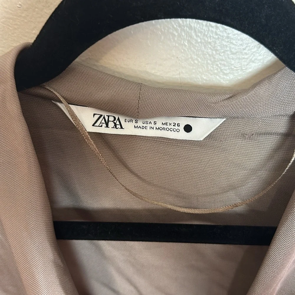 Zara Wrap Surplice Ruffle Sleeve Satin Look Taupe Grey Blouse - Picture 7 of 9